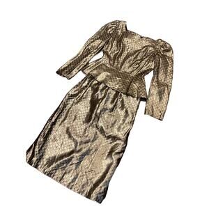 Trending Vintage Gold Metallic Check Lame 2pc Dress Midi Pencil Skirt Top S  24w